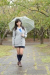 blouse braid cardigan kneesocks nanaka_amanonanae pleated_skirt rain scarf skirt umbrella rating:Safe score:0 user:pixymisa