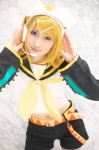 blonde_hair blouse cosplay detached_sleeves hairbow headset hiokichi kagamine_rin pantyhose scarf shorts vocaloid rating:Safe score:0 user:pixymisa