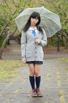 blouse braid cardigan kneesocks nanaka_amanonanae pleated_skirt rain scarf skirt umbrella rating:Safe score:0 user:pixymisa