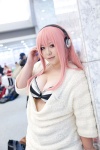 bikini_top cleavage cosplay headphones nitro_super_sonic pink_hair saeki_rinri striped super_soniko sweater swimsuit rating:Safe score:0 user:pixymisa