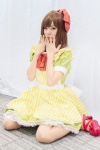 bowtie cosplay dress hagiwara_yukiho hairbow idolmaster maitako pantyhose sheer_legwear slip rating:Safe score:1 user:pixymisa