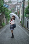 blouse bookbag karin_(iv) kneesocks pleated_skirt rain school_uniform skirt umbrella rating:Safe score:0 user:nil!