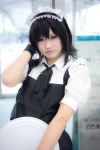 apron boku_wa_tomodachi_ga_sukunai cosplay hairband maid maid_uniform mikazuki_yozora purple_eyes ribbon_tie serving_tray wristband yuiko rating:Safe score:1 user:pixymisa