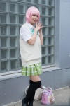 blouse bowtie cosplay mao_(ii) momo_belia_deviluke pink_hair pleated_skirt skirt sweater thighhighs to_love-ru zettai_ryouiki rating:Safe score:0 user:pixymisa