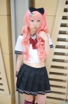 cosplay hairbow haruno_yun original pink_hair pleated_skirt sailor_uniform school_uniform skirt striped thighhighs zettai_ryouiki rating:Safe score:0 user:nil!