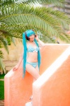 aqua_hair bikini cleavage cosplay hatsune_miku headset mashiro_yuki project_diva swimsuit twintails vocaloid rating:Safe score:0 user:nil!