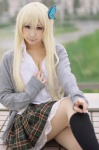 blonde_hair blouse boku_wa_tomodachi_ga_sukunai cardigan cleavage cosplay kashiwazaki_sena kneesocks miiko pantyhose pleated_skirt school_uniform skirt rating:Safe score:8 user:nil!