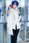 blue_hair cosplay crossplay detached_sleeves dress_shirt houtou_singi kaito pipe trousers vocaloid rating:Safe score:1 user:Kryzz