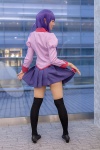 bakemonogatari blouse cosplay mochizuki_miuna pleated_skirt purple_hair school_uniform senjougahara_hitagi skirt skirt_lift thighhighs zettai_ryouiki rating:Safe score:1 user:pixymisa