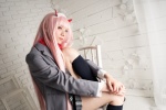 blazer blouse cosplay darling_in_the_franxx emerald horns kneesocks pink_hair pleated_skirt ratings:s scarf school_uniform skirt tie usakichi zero_two rating:Questionable score:0 user:nil!