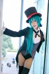 aqua_hair bodysuit chii cosplay dress_shirt fishnet_pantyhose hatsune_miku leotard pantyhose project_diva thighhighs top_hat tuxedo_jacket vest vocaloid rating:Safe score:1 user:nil!