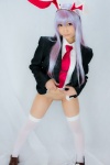 animal_ears blazer blouse bottomless bunny_ears cosplay lenfried reisen_udongein_inaba school_uniform shirt_lift thighhighs tie touhou rating:Explicit score:11 user:nil!