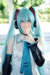 aqua_hair blouse cosplay detached_sleeves hatsune_miku headset popuri tie twintails vocaloid rating:Safe score:0 user:nil!