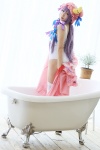 amatsuka_miyu bathroom bathtub cosplay glasses hat one-piece_swimsuit patchouli_knowledge purple_hair robe swimsuit thighhighs touhou rating:Safe score:0 user:nil!