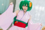 cosplay detached_sleeves flower green_hair kimono macross macross_frontier miiko obi ranka_lee red_eyes twintails rating:Safe score:1 user:pixymisa