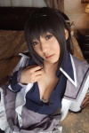 akemi_homura bed blouse cleavage cosplay hairband hanamura_misaki open_clothes pantyhose pleated_skirt puella_magi_madoka_magica skirt rating:Safe score:2 user:nil!