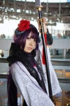 cosplay gauntlets glaive horns inu_boku_secret_service kimono miniskirt naginata nakko purple_hair scarf shirakiin_ririchiyo skirt rating:Safe score:0 user:nil!