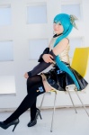 aqua_hair black_legwear cosplay croptop detached_sleeves hairbow hatsune_miku mashiro_yuki pleated_skirt ponytail project_diva skirt thighhighs vocaloid zettai_ryouiki rating:Safe score:0 user:nil!