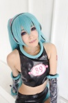aira aqua_hair cosplay croptop detached_sleeves elbow_gloves gloves hatsune_miku headset pantyhose project_diva shorts thighhighs twintails vocaloid rating:Safe score:0 user:xkaras