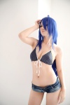 ahoge bikini_top blue_hair cleavage cosplay denim ikkitousen kanu_unchou kibashi shorts swimsuit rating:Safe score:3 user:nil!