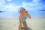 animal_ears beach bikini bunny_ears cleavage cosplay headphones nitro_super_sonic ocean pink_hair saku side-tie_bikini super_soniko swimsuit rating:Safe score:3 user:nil!