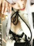 cleavage cosplay cyborg_nene detached_sleeves dress guitar horns original shawl white_hair rating:Safe score:3 user:nil!