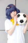 blouse blue_hair bowtie cosplay ema glasses inazuma_eleven otonashi_haruna school_uniform soccer_ball rating:Safe score:0 user:pixymisa