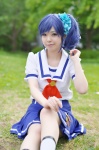 blue_hair cosplay hazuki_riko kiriya_aoi pantyhose pleated_skirt sailor_uniform school_uniform sheer_legwear side_ponytail skirt socks rating:Safe score:0 user:nil!