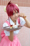 apron bannō_bunka_nekomusume blouse cosplay eko_(ii) hair_buns miniskirt nuku_nuku pink_hair serving_tray skirt twin_braids waitress waitress_uniform rating:Safe score:0 user:pixymisa
