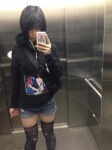 black_legwear denim hoodie iiniku_ushijima iphone self-shot shorts thighhighs rating:Safe score:9 user:nil!