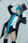 aqua_hair blazer cosplay dress_shirt fishnet_pantyhose gloves hatsune_miku kei leotard pantyhose ponytail project_diva thighhighs top_hat vocaloid rating:Safe score:0 user:nil!