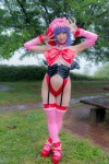 blue_hair bonnet bow corset cosplay detached_sleeves garter_straps lenfried monokini one-piece_swimsuit remilia_scarlet sling_bikini swimsuit thighhighs touhou wings rating:Safe score:4 user:nil!