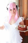 apron arai_yomi cake cosplay headphones nearly_naked_apron nitro_super_sonic pink_hair soniko_nuija_imashita super_soniko rating:Safe score:0 user:nil!
