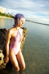 ayane_(doa) beach cleavage cosplay dead_or_alive headband ocean one-piece_swimsuit purple_hair swimsuit tachibana_minami wet rating:Safe score:1 user:nil!