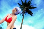 ayane_(doa) bikini_top cleavage cosplay dead_or_alive denim headband purple_hair shorts swimsuit tachibana_minami rating:Safe score:0 user:nil!