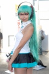 aqua_hair cosplay glasses hatsune_miku headphones necoco pantyhose pleated_skirt skirt sleeveless_blouse tie twintails vocaloid rating:Safe score:0 user:pixymisa