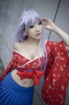 ahoge cleavage cosplay croptop midriff miniskirt natsume_maya pleated_skirt silver_hair skirt ten tenjou_tenge yukata rating:Safe score:3 user:nil!