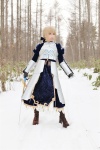 armor blonde_hair blouse boots braid cosplay fate/series fate/stay_night gauntlets kamui_arisa red_moon saber skirt sword rating:Safe score:0 user:nil!