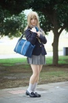 blazer blonde_hair blouse blue_eyes bookbag cosplay kneehighs k-on! kotobuki_tsumugi pleated_skirt ribbon_tie shiina_haru skirt rating:Safe score:1 user:pixymisa