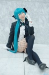 aqua_hair blazer cosplay dress_shirt fishnet_pantyhose gloves hatsune_miku kei leotard pantyhose ponytail project_diva thighhighs vocaloid rating:Safe score:0 user:nil!