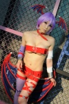 bandages bat_wings belt_bra bikini_bottom capcom_gal chains cleavage collar cosplay detached_sleeves head_wings igarashi_nao lilith_aensland purple_hair single_thighhigh swimsuit thighhighs underboob vampire_(game) rating:Safe score:4 user:nil!
