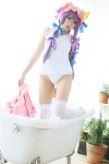 amatsuka_miyu bathroom bathtub cosplay glasses hat one-piece_swimsuit patchouli_knowledge purple_hair swimsuit thighhighs touhou rating:Safe score:0 user:nil!