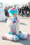 blue_hair bow cosplay detached_sleeves dress gloves hairbow himemiya_mahore leg_warmers slip striped sweater thighhighs twinkle_candy_bear yum_yums rating:Safe score:0 user:pixymisa
