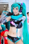 aqua_hair cosplay croptop detached_sleeves elbow_gloves gloves hatsune_miku headset jiruko midriff pantyhose project_diva shorts twintails vocaloid rating:Safe score:4 user:nil!