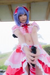 blouse blue_hair bonnet bow cosplay croptop half_skirt_open_front lenfried remilia_scarlet tail tail_plug touhou umbrella wings rating:Questionable score:2 user:nil!