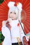 animal_ears blouse cosplay detached_sleeves hat hino_(ii) inubashiri_momiji miniskirt skirt touhou umbrella white_hair rating:Safe score:0 user:nil!