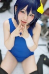 bandage blue_eyes blue_hair chuunibyou_demo_koi_ga_shitai! cosplay hairbow swimsuit takanashi_rikka thighhighs yuihara_hinase rating:Safe score:3 user:pixymisa