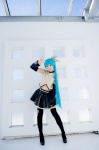 aqua_hair black_legwear cosplay croptop detached_sleeves hairbow hatsune_miku mashiro_yuki pleated_skirt ponytail project_diva skirt thighhighs vocaloid zettai_ryouiki rating:Safe score:0 user:nil!