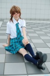 ahoge akizuki_ritsuko blouse chamaro cosplay glasses idolmaster kneesocks pantyhose pleated_skirt school_uniform sheer_legwear skirt tie twin_braids rating:Safe score:2 user:nil!
