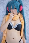 bikini blue_hair cleavage cosplay ear_muffs hatsune_miku headset jeans momoka_(ii) open_clothes scarf swimsuit twintails vocaloid rating:Safe score:5 user:nil!
